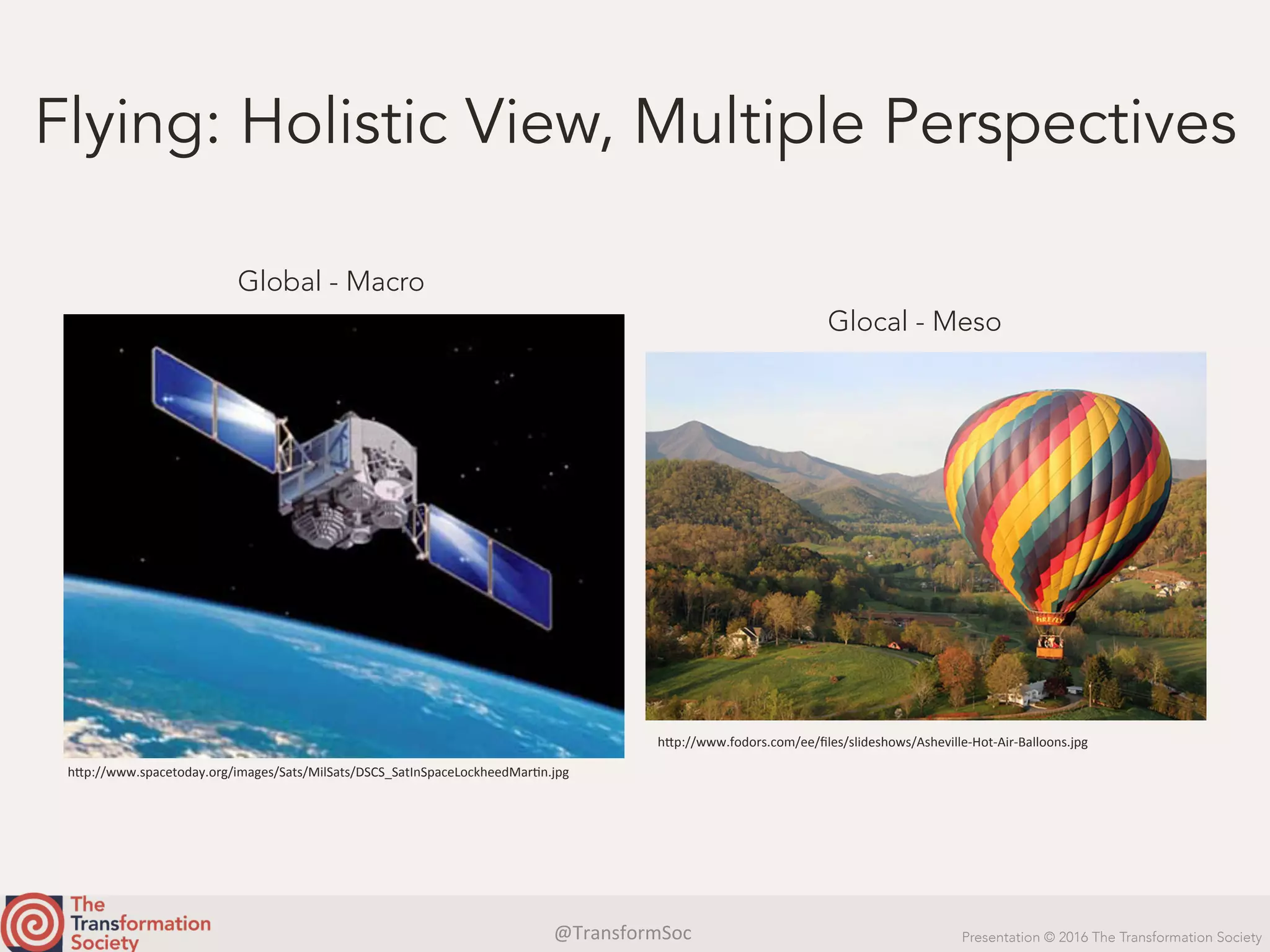 @TransformSoc	 Presentation © 2016 The Transformation Society
Flying: Holistic View, Multiple Perspectives
h.p://www.spacetoday.org/images/Sats/MilSats/DSCS_SatInSpaceLockheedMarQn.jpg	
h.p://www.fodors.com/ee/ﬁles/slideshows/Asheville-Hot-Air-Balloons.jpg	
Glocal - Meso
Global - Macro
 