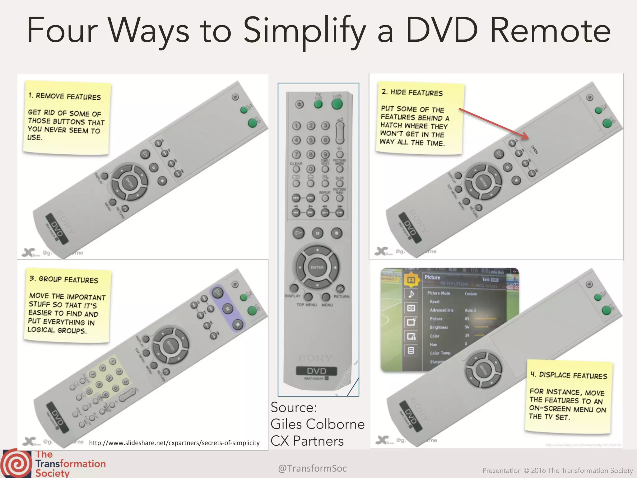 @TransformSoc	 Presentation © 2016 The Transformation Society
Four Ways to Simplify a DVD Remote
Source:
Giles Colborne
CX Partnersh.p://www.slideshare.net/cxpartners/secrets-of-simplicity	
 