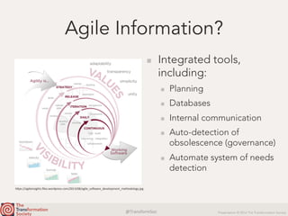 @TransformSoc	 Presentation © 2016 The Transformation Society
Agile Information?
  Integrated tools,
including:
  Planning
  Databases
  Internal communication
  Auto-detection of
obsolescence (governance)
  Automate system of needs
detection
h.ps://agileinsights.ﬁles.wordpress.com/2013/08/agile_soqware_development_methodology.jpg	
 