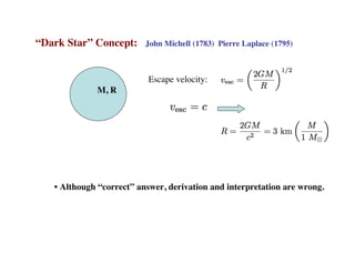 “Dark Star” Concept: John Michell (1783) Pierre Laplace (1795)
M, R
Escape velocity:
• Although “correct” answer, derivation and interpretation are wrong.
 