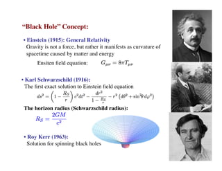 “Black Hole” Concept:
• Einstein (1915): General Relativity
Gravity is not a force, but rather it manifests as curvature of
spacetime caused by matter and energy
• Karl Schwarzschild (1916):
The ﬁrst exact solution to Einstein ﬁeld equation
The horizon radius (Schwarzschild radius):
Ensiten ﬁeld equation:
• Roy Kerr (1963):
Solution for spinning black holes
 