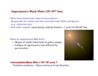 Supermassive Black Holes (106-1010 Sun)
• Have been found at the center of most galaxies.
Responsible for violent activities associated with AGNs and Quasars
(e.g., relativistic jets)
• Not really compact: mean density with the horizon ~ 1 g/cm3 for M=108 Sun
• How do supermassive BHs form?
--- Merger of smaller black holes in galaxy merger
--- Collapse of supermassive stars followed by
gas accretion
M87
Intermediate-Mass BHs (~102-104 sun) ?
Tentative evidence : Ultra-Luminous X-ray Sources
 