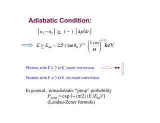Adiabatic Condition:
In general, nonadiabatic “jump” probability
Pjump = exp [− (π/2) (E /Ead)3]
(Landau-Zener formula)
⏐n1 − n2⏐ > ( ⋅⋅⋅ ) ⏐dρ/dr⏐~
E > Ead = 2.5 ( tanθB )2/3 keV~
!
1cm
H
"
#
$
%
&
'
1/ 3
Photons with E > 2 keV, mode conversion
Photons with E < 2 keV, no mode conversion
 