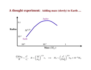 A thought experiment: Adding mass (slowly) to Earth …
Mass ( )
Radius
Earth
Jupiter
10-6 10-3 1
10-2
0.1
 