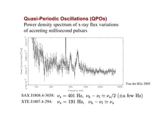 Van der Klis 2005
Quasi-Periodic Oscillations (QPOs)
Power density spectrum of x-ray ﬂux variations
of accreting millisecond pulsars
SAX J1808.4-3658:
XTE J1807.4-294:
 