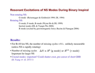 Resonant Excitations of NS Modes During Binary Inspiral
Non-rotating NS:
G-mode (Reisenegger & Goldreich 1994; DL 1994)
Rotating NS:
G-mode, F-mode, R-mode (Wynn Ho & DL 1999)
Inertial modes (DL & Yanqin Wu 2006)
R-mode (excited by gravitomagnetic force; Racine & Flanagan 2006)
Results:
• For R=10 km NS, the number of missing cycles < 0.1, unlikely measurable
(unless NS is rapidly rotating)
• Number of missing cycles
Important for larger NS
• Crustal modes: important? Could shatter crust, pre-cursor of short GRB
(D. Tsang et al. 2011)
 