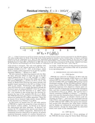 2 Fox et al.
Fig. 1.— Collage of gamma-ray and X-ray emission showing the striking biconical nuclear structure intercepted by the PDS 456 sightline.
The yellow/orange map is an all-sky Fermi image of the residual gamma-ray intensity in the 3–10 GeV range, in Galactic coordinates
centered on the GC (Ackermann et al. 2014; c AAS. Reproduced with permission). The Fermi Bubbles are the twin lobes in dark
orange at the center of the ﬁgure. Superimposed in gray-scale is the ROSAT diﬀuse 1.5 keV emission map, based on Snowden et al. 1997,
Bland-Hawthorn & Cohen 2003, and Veilleux et al. 2005. The inset on the right shows a zoom-in on the X-ray data. Adapted from Figure
22, The Spectrum and Morphology of the Fermi Bubbles, M. Ackermann et al., ApJ, Volume 793, Issue 1, 2014, Page 64.
wind activity is strongest. The only such sightline with
published data is the optical spectrum of the blue su-
pergiant LS 4825 (ℓ, b=1.7◦
, –6.6◦
, d=21±5 kpc), which
shows complex multi-component Ca II and Na I proﬁles
spanning ≈300 km s−1
(Ryans et al. 1997).
We have initiated an observing program with the Hub-
ble Space Telescope (HST) to study the gas in the GC
region (deﬁned here as 0◦
< l < 30◦
and 330◦
< l < 360◦
)
with UV spectroscopy (Program IDs 12936 and 13448).
The quasar PDS 456 (zem=0.184, ℓ, b=10.4◦
,+11.2◦
, also
known as IRAS 17254-1413) has the lowest latitude and
smallest impact parameter to the GC (ρ=2.3 kpc) of any
AGN in our sample. Furthermore, this sightline is the
only AGN direction in our sample that passes through the
biconical region of enhanced ROSAT 1.5 keV X-ray emis-
sion centered on the GC (Snowden et al. 1997), where
the γ-ray emission is also strong since the direction in-
tersects the base of the northern FB (Su et al. 2010).
The PDS 456 direction (see Figure 1) is therefore of high
interest for looking for UV outﬂow signatures. There are
no known 21 cm (neutral) high-velocity clouds (HVCs)
in this direction (e.g. Putman et al. 2012).
In this Letter we present new UV and radio spectra
of PDS 456 to explore the properties of gas entrained in
the Galactic nuclear outﬂow. In Section 2 we discuss
the observations and their reduction. In Section 3 we
present the UV absorption-line spectra and discuss the
identiﬁcation of outﬂow components. Motivated by the
component structure observed in our spectra, we present
numerical kinematic models of a nuclear biconical out-
ﬂow in Section 4. In Section 5 we present a discussion of
our results. A full discussion of other directions that pen-
etrate the northern and southern FBs will be presented
in an upcoming paper.
2. OBSERVATIONS AND DATA REDUCTION
2.1. COS Spectra
PDS 456 was observed on February 10 2014 with the
Cosmic Origins Spectrograph (COS; Green et al. 2012)
onboard HST for a total of ﬁve orbits. The observations
used the G130M/1291 and G160M/1600 grating/central
wavelength settings, all four FP-POS positions, and ex-
posure times of 4846 s for G130M and 8664 s for G160M.
Individual exposures were aligned in velocity space us-
ing the centroids of known low-ion interstellar absorption
lines, and then co-added following the same procedures
as described in Fox et al. (2014). The spectra have a
velocity resolution (FWHM) of ≈20 km s−1
, a signal-to-
noise ratio near the absorption lines of interest of ≈12–20
(per resolution element), an absolute velocity scale un-
certainty of ≈5 km s−1
, and cover the wavelength interval
1133–1778˚A, with small gaps between detector segments
at 1279–1288 and 1587–1598˚A. The spectra were normal-
ized around each absorption line using linear continua
and for display are rebinned by seven pixels (one reso-
lution element), though the Voigt-proﬁle ﬁts (described
below) were made on the unbinned data.
2.2. GBT Spectra
We obtained several deep H I 21 cm pointings of
the PDS 456 direction using the Green Bank Telescope
 