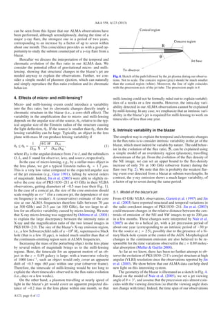 A&A 558, A123 (2013)

can be seen from this ﬁgure that our ALMA observations have
been performed, although serendipitously, during the time of a
major γ-ray ﬂare, the strongest one in a period of two years,
corresponding to an increase by a factor of up to seven within
about one month. This coincidence provides us with a good opportunity to study the submm counterpart of a γ-ray ﬂare from a
blazar.
Hereafter we discuss the interpretation of the temporal and
chromatic evolution of the ﬂux ratio in our ALMA data. We
consider the potential eﬀect of gravitational micro- and millilensing, showing that structural changes in the blazar’s jet are
needed anyway to explain the observations. Further, we consider a simple model of plasmon ejection, which can naturally
and simply reproduce the ﬂux-ratio evolution and its chromatic
behavior.

4. Effects of micro- and milli-lensing?
Micro- and milli-lensing events could introduce a variability
into the ﬂux ratio, but its chromatic changes directly imply a
chromatic structure in the blazar (i.e., a core-shift eﬀect). The
variability in the ampliﬁcation due to micro- and milli-lensing
depends on the angular size of the source, θS , relative to the typical angular size of the Einstein radius of the structure causing
the light deﬂection, θE . If the source is smaller than θE , then the
lensing variability can be large. Typically, an object in the lens
plane with mass M can produce lensing variability if
4 G M DLS
1
,
(1)
DOS
c2 DOS DOL
where DIJ is the angular distance from J to I, and the subindices
O, L, and S stand for observer, lens, and source, respectively.
In the case of micro-lensing, e.g., by a stellar-mass object in
the lens plane, we get a typical Einstein radius θE = 1.7 μas.
This is a very low value compared to the expected angular size
of the jet emission (e.g., Gear 1991), falling by several orders
of magnitude. Indeed, Jin et al. (2003) were able to slightly resolve the core size of PKS 1830−211 at 43 GHz in their VLBA
observations, getting diameters of ∼0.5 mas (see their Fig. 1).
In the case of a conical jet, the size of the core emission should
scale roughly as ∝ν−1 (for a concave jet, the dependence of size
on frequency is weaker). A (conservative) estimate of the core
size at our ALMA frequencies therefore falls between 70 μas
(at 300 GHz) and 215 μas (at 100 GHz), far too large to allow for an eﬀective variability caused by micro-lensing. We note
that X-ray micro-lensing was suggested by Oshima et al. (2001)
to explain the large discrepancy between the intensity ratio at
X-ray and the magniﬁcation ratio of the two lensed images in
PKS 1830−211. The size of the blazar’s X-ray emission region,
i.e., a few Schwarzschild radii of a ∼108 M supermassive black
hole (that is a few 10 μpc), is indeed much smaller than that of
the continuum-emitting region seen at ALMA frequencies.
Increasing the mass of the perturbing object in the lens plane
by several orders of magnitude brings us to the milli-lensing
regime. Here, the timescale for an apparent motion of an object in the z = 0.89 galaxy is large: with a transverse velocity
of 1000 km s−1 , such an object would only cover an apparent
drift of ∼0.5 mpc (60 μas) within one year (observer frame).
Therefore, the timescale of milli-lensing would be too long to
explain the short timescales observed in the ﬂux-ratio evolution
(i.e., days or a few weeks).
On the other hand, a plasmon travelling at nearly speed of
light in the blazar’s jet would cover an apparent projected distance of ∼0.2 mas in the lens plane within one month, so that
θS

θE =

A123, page 4 of 12

Conical region
Concave region

R

θ
Jet base
To observer
Fig. 4. Sketch of the path followed by the jet plasma during our observations. Not to scale. The concave region (gray) should be much smaller
than the conical region (white). Moreover, the line of sight coincides
with the precession axis of the jet tube. The precession angle is θ.

milli-lensing could not be formally ruled out to explain variabilities of a weeks or a few months. However, the intra-day variability detected in our ALMA observations cannot be explained
by milli-lensing. In any case, we emphasize that an intrinsic variability in the blazar’s jet is required for milli-lensing to work on
timescales of less than one year.

5. Intrinsic variability in the blazar
The simplest way to explain the temporal and chromatic changes
in the ﬂux ratio is to consider intrinsic variability in the jet of the
blazar, which must indeed be variable by nature. The odd behavior in the evolution of the ﬂux ratio, , can be explained using
a simple model of an overdensity region (plasmon), travelling
downstream of the jet. From the evolution of the ﬂux density of
the NE image, we can set an upper bound to the ﬂux-density
increase of only 5% at 100 GHz (observer frame) during the
ﬂare (see Fig. 2). We note that this is probably the weakest ﬂaring event ever detected from a blazar at submm wavelengths. In
contrast, the γ-ray emission shows a much larger variability, of
a factor of up to seven during the same period.
5.1. Model of the blazar’s jet

From 43 GHz VLBA observations, Garrett et al. (1997) and Jin
et al. (2003) have reported structural and temporal variations in
the radio core/knot images of PKS 1830−211. Jin et al. (2003)
could measure changes in the relative distance between the centroids of emission of the NE and SW images to up to 200 μas
in a few months. These changes were interpreted by Nair et al.
(2005) as due to a helical jet, with a jet precession period of
about one year (corresponding to an intrinsic period of ∼30 yr
for the source at z = 2.5), possibly due to the presence of a binary black-hole system at the center of the AGN. Morphological
changes in the continuum emission are also believed to be responsible for the time variations observed in the z = 0.89 molecular absorption (Muller & Guélin 2008).
As far as we know, there has been no further attempt to observe the evolution of PKS 1830−211’s core/jet structure at high
angular (VLBI) resolution since the observations reported by Jin
et al. (2003). We show below that our ALMA data can help shed
new light on this interesting system.
The geometry of the blazar is illustrated as a sketch in Fig. 4.
Based on the model of Nair et al. (2005), we set a jet viewing
angle of θ = 3◦ , and assume that the precession axis almost coincides with the viewing direction (so that the viewing angle does
not change with time). Indeed, the time span of our observations

 
