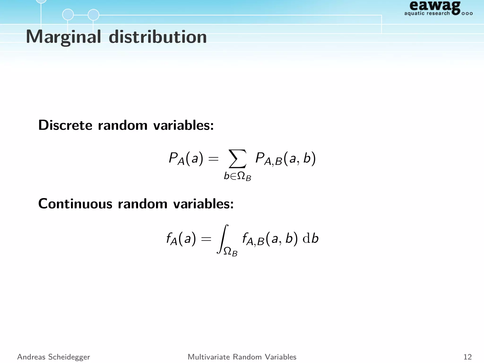 Conditional Distributions
Discrete RV:
PA|B(a|b) =
PA,B(a, b)
PB(b)
Continuous RV:
fA|B(a|b) =
fA,B(a, b)
fB(b)
Andreas Scheidegger Multivariate Random Variables 11
 