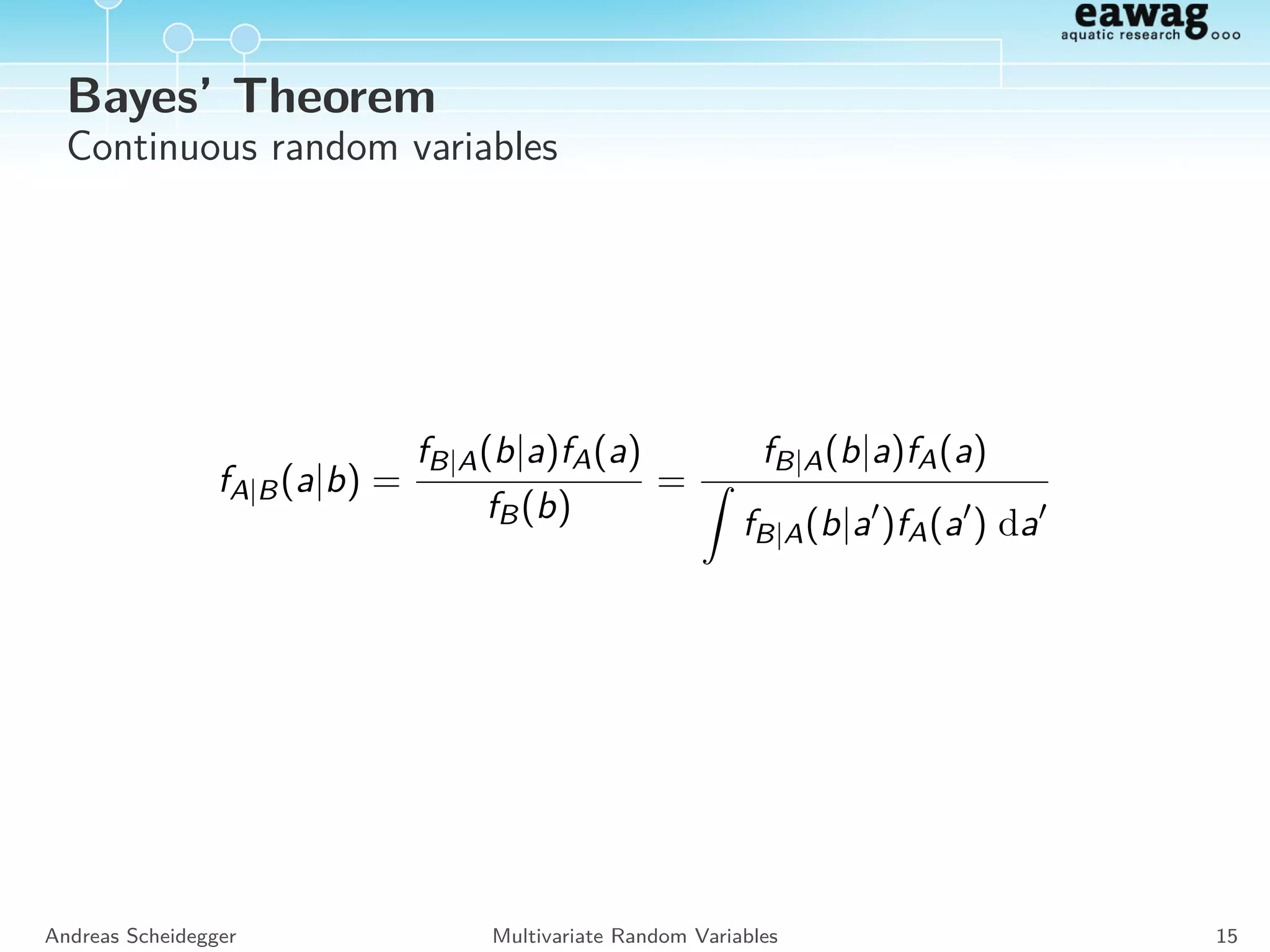Independence
Deﬁnition:
FA,B(a, b) = FA(a) · FB(b)
Discrete random variables:
PA,B(a, b) = PA(a) · PB(b)
Continuous random variables:
fA,B(a, b) = fA(a) · fB(b)
Andreas Scheidegger Multivariate Random Variables 13
 