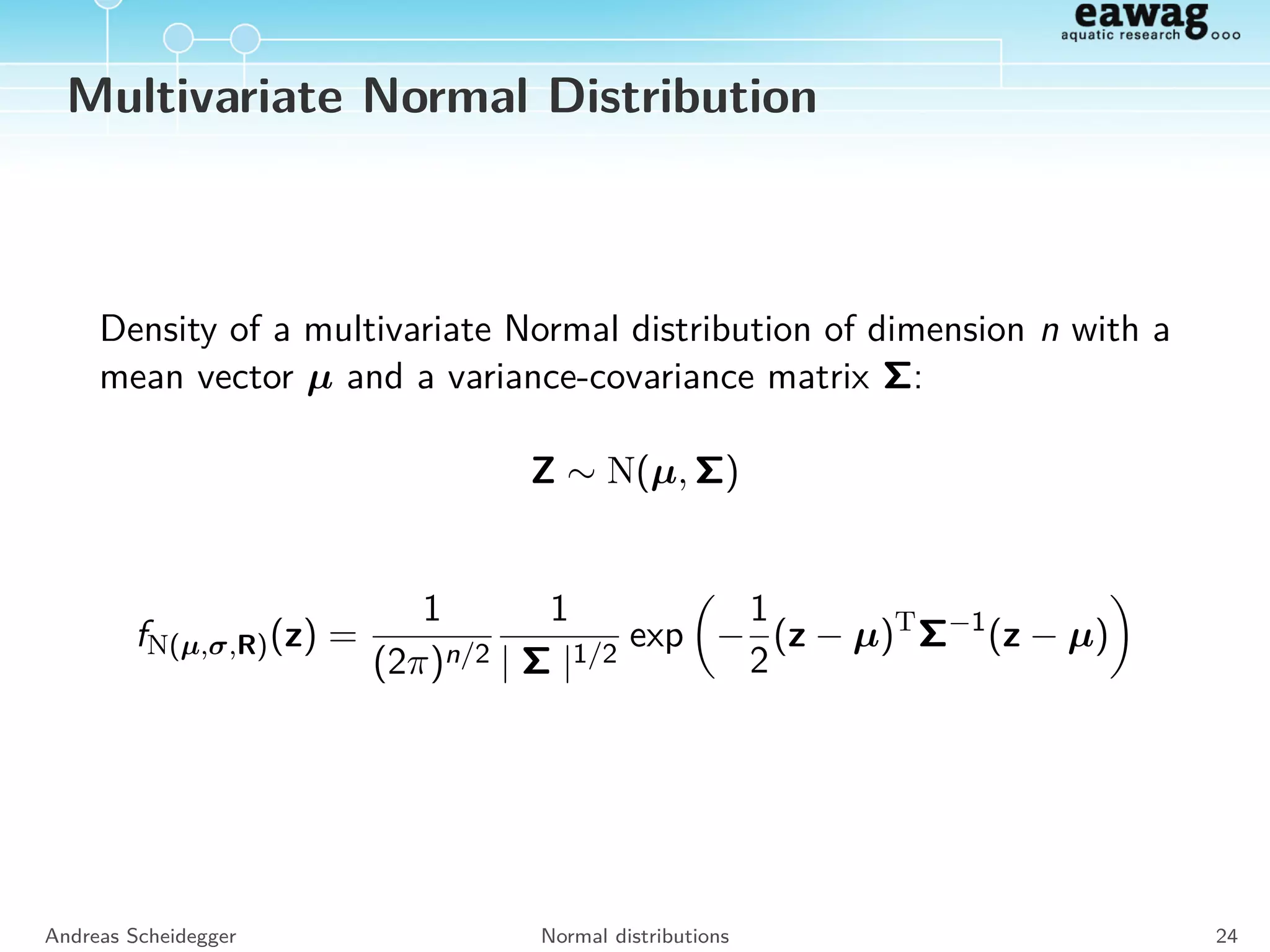 Central Limit Theorem Example
n = 1
Density
−2 −1 0 1 2
0.00.40.8
n = 2
Density
−2 −1 0 1 2
0.00.30.6
n = 3
Density
−2 −1 0 1 2
0.00.30.6
n = 4
Density
−2 −1 0 1 2
0.00.20.4
n = 5
Density
−2 −1 0 1 2
0.00.20.4
n = 6
Density
−2 −1 0 1 2
0.00.20.4
n = 7
Density
−2 −1 0 1 2
0.00.20.4
n = 8
Density
−2 −1 0 1 2
0.00.20.4
n = 9
Density
−2 −1 0 1 2
0.00.20.4
n = 10
Density
−2 −1 0 1 2
0.00.20.4
n = 11
Density
−2 −1 0 1 2
0.00.20.4
n = 12
Density
−2 −1 0 1 2
0.00.20.4
Andreas Scheidegger Normal distributions 22
 