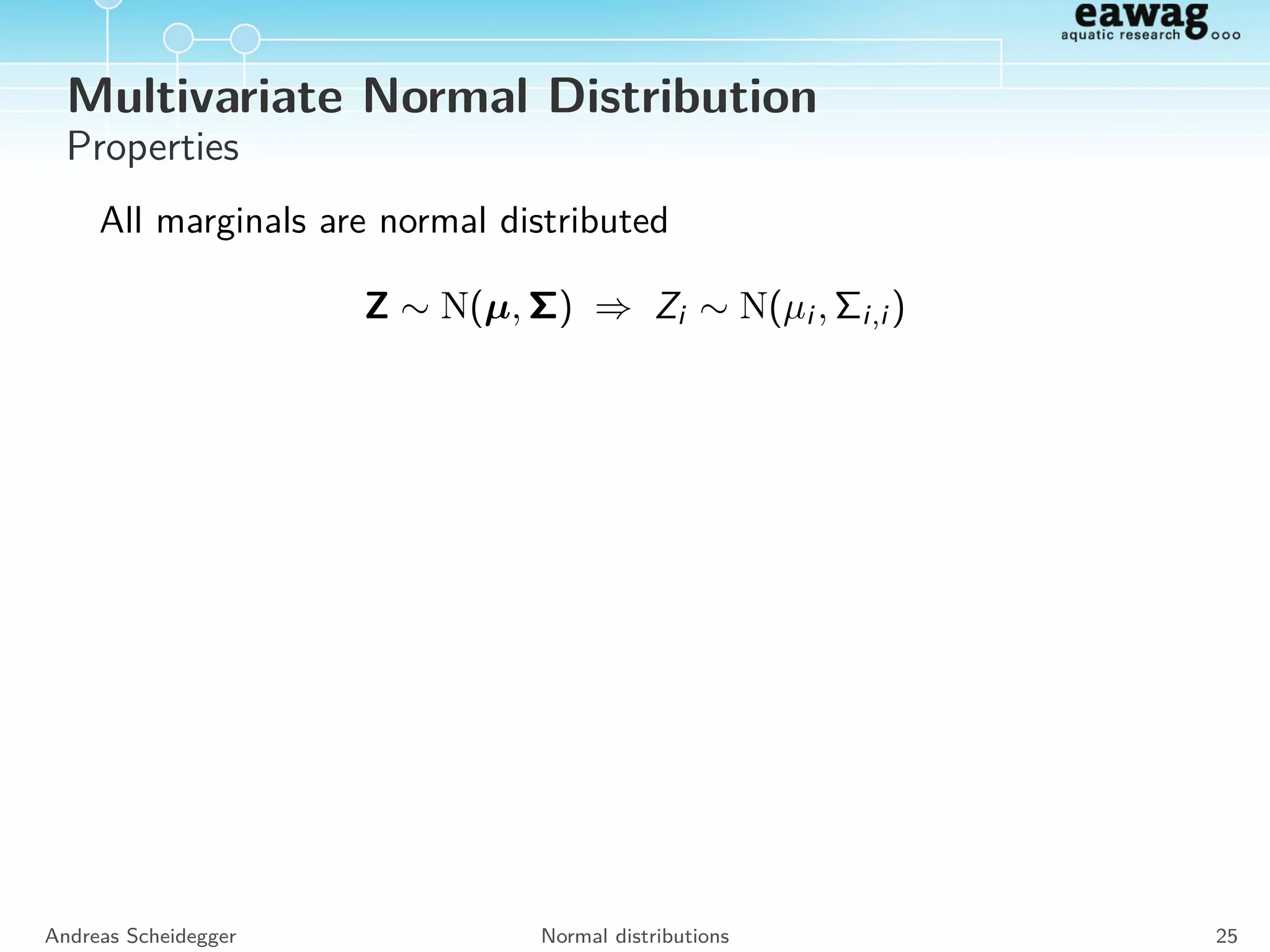 Relationships of Univariate Distributions
Figure 1. Univariate distribution relationships.
The American Statistician, February 2008, Vol. 62, No. 1 47
Downloadedby[Lib4RI]at02:2428May2013
at02:2428May2013
From: Leemis, L. M. and McQueston, J. T. (2008) Univariate distribution
relationships. The American Statistician, 62(1), 45–53. → Link
Andreas Scheidegger Normal distributions 23
 