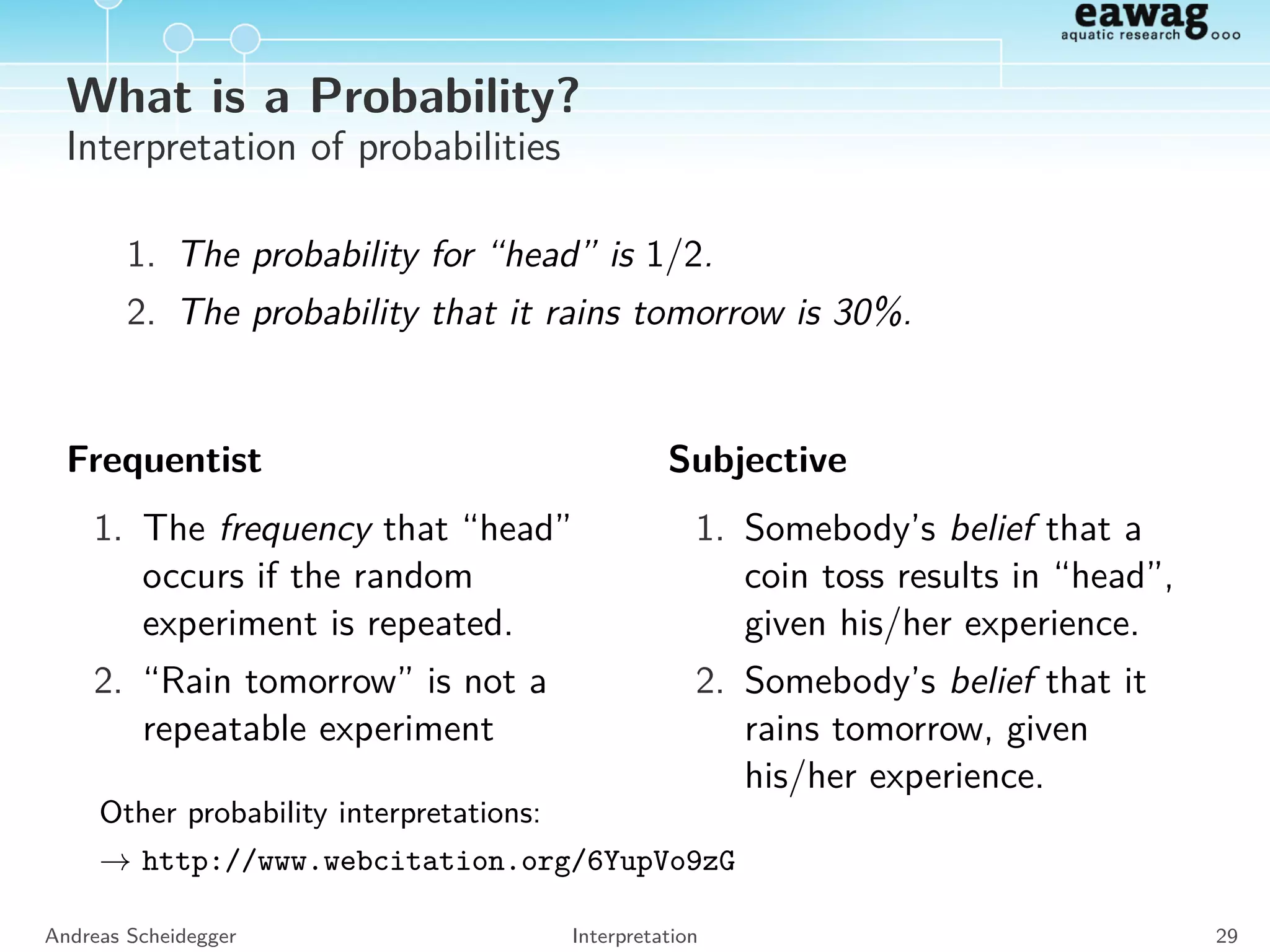 Discrete random process
“Random vectors with inﬁnity large number of elements”
(0.11, 10.78, -10.24, -3.90, 5.91, ...)
(-1.11, -4.06, -8.64, -0.92, -2.27, ...)
(0.76, -8.54, 0.81, 2.03, 12.9, ...)
Andreas Scheidegger Random Processes 27
 