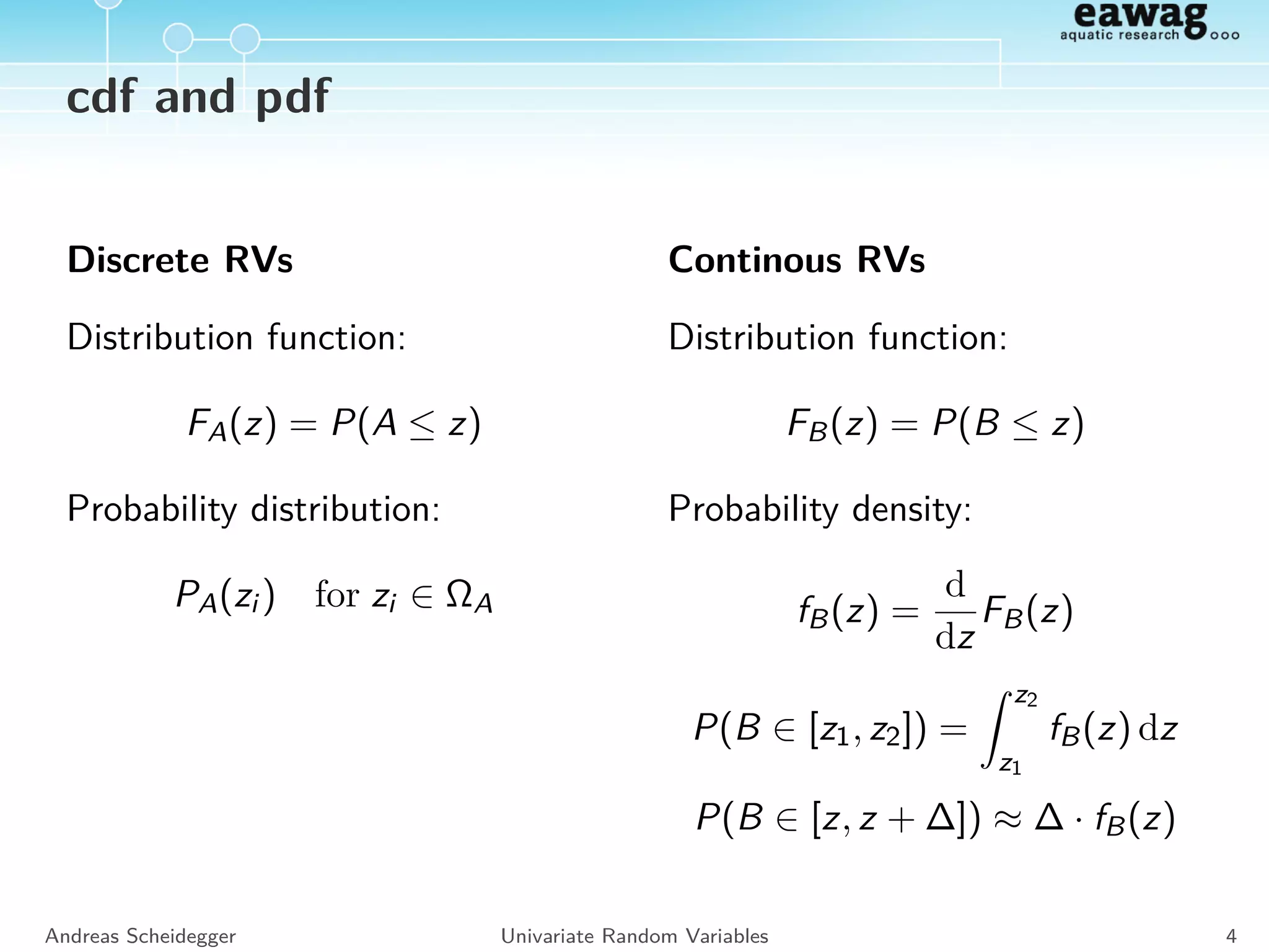Cumulative Distribution Function (cdf)
FA FB
z1 z2 zn zzrzl
0
1
0
1
Discrete and continous RV Probability to obtain an output equal
or smaller than a certain value.
Andreas Scheidegger Univariate Random Variables 3
 