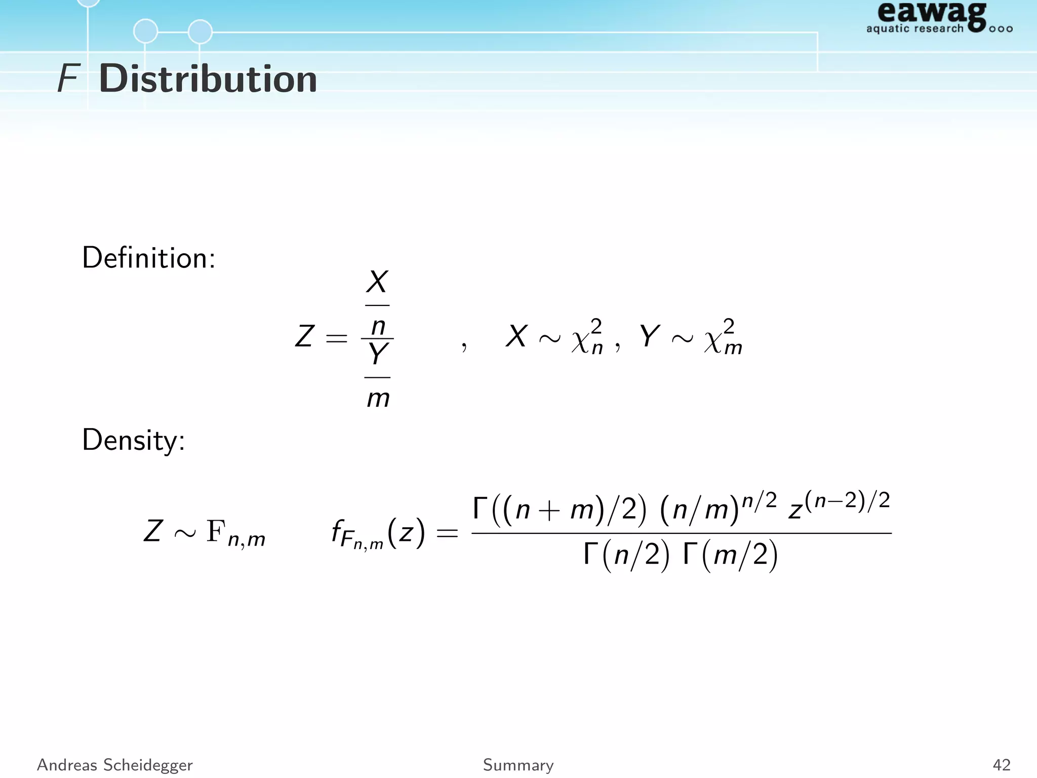 Lognormal Distribution
R implementation
Attention: The lognormal distribution in R is deﬁned with m and s
(the mean and standard deviation of X)!
The code below computes the arguments if mean µ and standard
deviation σ are given:
## conversion , ’mu ’ and ’sigma ’ given
meanlog - log(mu) - 0.5*log(1 + (sigma/mu )^2)
sdlog - sqrt(log(1 + sigma ^2/(mu ^2)))
## generate 1000 random samples
rlnorm (1000 , meanlog=meanlog , sdlog=sdlog)
Andreas Scheidegger Summary 38
 