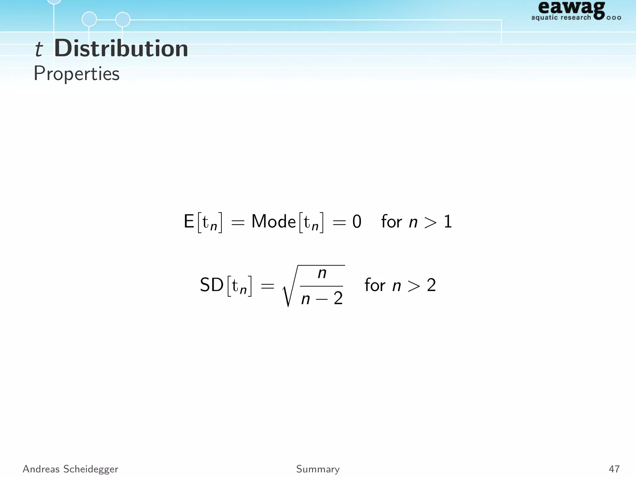 F Distribution
0 1 2 3 4
0.00.20.40.60.81.01.2
F
z
f
df1 = 2 df2 = 10
df1 = 3 df2 = 10
df1 = 5 df2 = 10
df1 = 5 df2 = 100
0 1 2 3 4
0.00.20.40.60.81.0
F
z
F
df1 = 2 df2 = 10
df1 = 3 df2 = 10
df1 = 5 df2 = 10
df1 = 5 df2 = 100
Andreas Scheidegger Summary 43
 