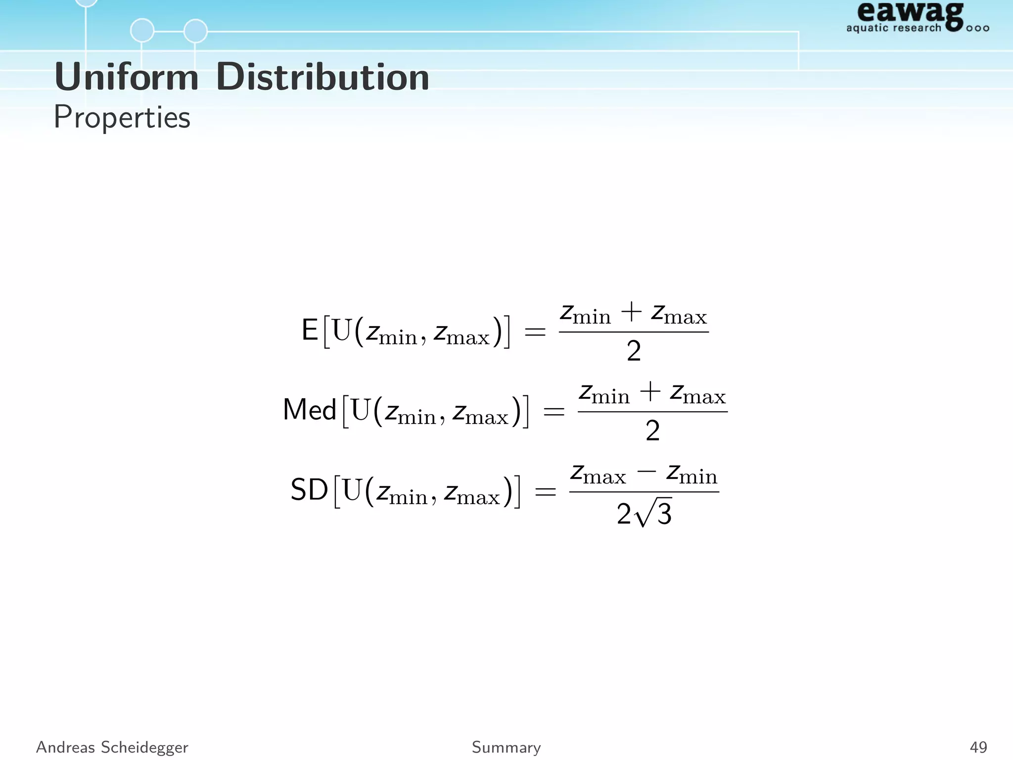 t Distribution
Deﬁnition:
Z =
X
Y
n
, X ∼ N(0, 1) , Y ∼ χ2
n
Density:
Z ∼ tn ftn (z) =
Γ (n + 1)/2
√
π n Γ n/2 (1 + z2/n)(n+1)/2
Andreas Scheidegger Summary 45
 