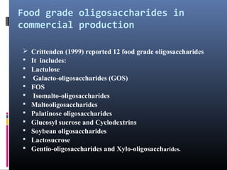 Food grade oligosaccharides in
commercial production













Crittenden (1999) reported 12 food grade oligosaccharides
It includes:
Lactulose
Galacto-oligosaccharides (GOS)
FOS
Isomalto-oligosaccharides
Maltooligosaccharides
Palatinose oligosaccharides
Glucosyl sucrose and Cyclodextrins
Soybean oligosaccharides
Lactosucrose
Gentio-oligosaccharides and Xylo-oligosaccharides.

 
