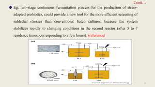 Conti…
Eg. two-stage continuous fermentation process for the production of stress-
adapted probiotics, could provide a new tool for the more efficient screening of
sublethal stresses than conventional batch cultures, because the system
stabilizes rapidly to changing conditions in the second reactor (after 5 to 7
residence times, corresponding to a few hours). (reference)
31
 
