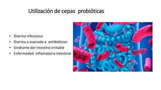 Utilización de cepas probióticas
• Diarrea infecciosa
• Diarrea a asociada a antibióticos
• Síndrome del intestino irritable
• Enfermedad inflamatoria intestinal
 