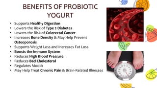 BENEFITS OF PROBIOTIC
YOGURT
• Supports Healthy Digestion
• Lowers the Risk of Type 2 Diabetes
• Lowers the Risk of Colorectal Cancer
• Increases Bone Density & May Help Prevent
Osteoporosis
• Supports Weight Loss and Increases Fat Loss
• Boosts the Immune System
• Reduces High Blood Pressure
• Reduces Bad Cholesterol
• Regulates Moods
• May Help Treat Chronic Pain & Brain-Related Illnesses
 