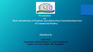 Basic Introduction of Probiotic microbiota from Gastrointestinal tract
of Commercial Poultry.
Presentation
on
Submitted by
Galib Ahsan
Department of Biotechnology & Genetic Engineering
Islamic University, kushtia-7003, Bangladesh
 