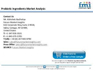 www.futuremarketinsights.com I @futuremarketins I /company/future-market-insights
© 2019 Future Market Insights, All Rights Reserved
Probiotic Ingredients Market Analysis
10
For more insights on the Probiotic Ingredients Market,
you can request a report sample with full TOC
Click here to
Order a free sample
Contact Us
Mr. Abhishek Budholiya
Future Market Insights
616 Corporate Way, Suite 2-9018,
Valley Cottage, NY 10989,
United States
T: +1-347-918-3531
F: +1-845-579-5705
T (UK): + 44 (0) 20 7692 8790
Sales: sales@futuremarketinsights.com
Press Office: press@futuremarketinsights.com
SOURCE: Future Market Insights
 