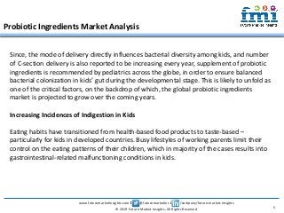 www.futuremarketinsights.com I @futuremarketins I /company/future-market-insights
© 2019 Future Market Insights, All Rights Reserved
Probiotic Ingredients Market Analysis
5
Since, the mode of delivery directly influences bacterial diversity among kids, and number
of C-section delivery is also reported to be increasing every year, supplement of probiotic
ingredients is recommended by pediatrics across the globe, in order to ensure balanced
bacterial colonization in kids’ gut during the developmental stage. This is likely to unfold as
one of the critical factors, on the backdrop of which, the global probiotic ingredients
market is projected to grow over the coming years.
Increasing Incidences of Indigestion in Kids
Eating habits have transitioned from health-based food products to taste-based –
particularly for kids in developed countries. Busy lifestyles of working parents limit their
control on the eating patterns of their children, which in majority of the cases results into
gastrointestinal-related malfunctioning conditions in kids.
 