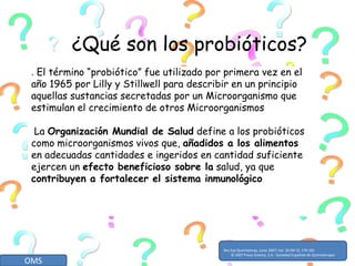 ?????????. El término “probiótico” fue utilizado por primera vez en elaño 1965 por Lilly y Stillwell para describir en un principioaquellas sustancias secretadas por un Microorganismo queestimulan el crecimiento de otros Microorganismos La Organización Mundial de Salud define a los probióticoscomo microorganismos vivos que, añadidos a los alimentosen adecuadas cantidades e ingeridos en cantidad suficienteejercen un efecto beneficioso sobre la salud, ya quecontribuyen a fortalecer el sistema inmunológico???????????????????????????RevEspQuimioterap, Junio 2007; Vol. 20 (Nº 2): 170-181© 2007 ProusScience, S.A.- Sociedad Española de QuimioterapiaOMS?¿Qué son los probióticos? 
