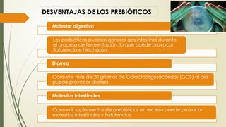 DESVENTAJAS DE LOS PREBIÓTICOS
Malestar digestivo
Los prebióticos pueden generar gas intestinal durante
el proceso de fermentación, lo que puede provocar
flatulencia e hinchazón.
Diarrea
Consumir más de 20 gramos de Galactooligosacáridos (GOS) al día
puede provocar diarrea.
Molestias intestinales
Consumir suplementos de prebióticos en exceso puede provocar
molestias intestinales y flatulencias.
 