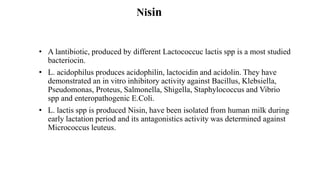 Nisin
• A lantibiotic, produced by different Lactococcuc lactis spp is a most studied
bacteriocin.
• L. acidophilus produces acidophilin, lactocidin and acidolin. They have
demonstrated an in vitro inhibitory activity against Bacillus, Klebsiella,
Pseudomonas, Proteus, Salmonella, Shigella, Staphylococcus and Vibrio
spp and enteropathogenic E.Coli.
• L. lactis spp is produced Nisin, have been isolated from human milk during
early lactation period and its antagonistics activity was determined against
Micrococcus leuteus.
 