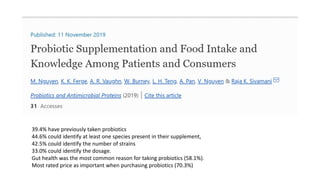 39.4% have previously taken probiotics
44.6% could identify at least one species present in their supplement,
42.5% could identify the number of strains
33.0% could identify the dosage.
Gut health was the most common reason for taking probiotics (58.1%).
Most rated price as important when purchasing probiotics (70.3%)
 