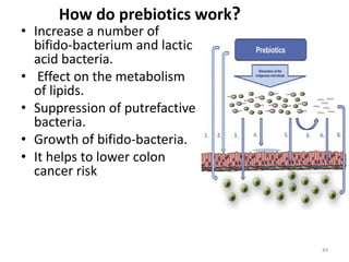 How do prebiotics work?
• Increase a number of
bifido-bacterium and lactic
acid bacteria.
• Effect on the metabolism
of lipids.
• Suppression of putrefactive
bacteria.
• Growth of bifido-bacteria.
• It helps to lower colon
cancer risk
44
 