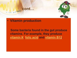 cont…
• Vitamin production
Some bacteria found in the gut produce
vitamins. For example, they produce
vitamin K, folic acid and vitamin B12.
 