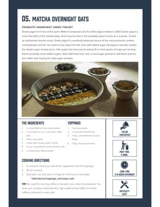 05. MATCHA OVERNIGHT OATS
PROBIOTIC INGREDIENT: GREEK YOGURT
Greek yogurt isn’t new at this point. While it composed only 1% of the yogurt market in 2007, Greek yogurt is
more than 50% of the market today. And if you’ve tried it, this probably doesn’t come as a surprise. Touted
as nutritionists favorite snack, Greek yogurt is a perfectly balanced source of the macronutrients: protein,
carbohydrates and fat. You want to stay away from the ones with added sugar. All yogurts naturally contain
the simple sugar, lactose (a.k.a. milk sugar), but once you’re seeing 15 or more grams of sugar per serving,
there’s probably some added sugars. Stick with fresh fruit, nuts, or low-sugar granola to add flavor and tex-
ture rather than buying the high-sugar varieties.
The Ingredents
1. ½ scoop Matcha Chai Latte powder
2. ¼ cup steel-cut or ½ cup whole rolled
oats
3. 1 tbsp. chia seeds
4. 2 tbsp. plain Greek yogurt, full fat
5. ¾ cup unsweetened vanilla almond milk
6. ½ scoop Dolce Whey isolate
Cooking Directions
1. In a bowl or mason jar, add all the ingredients (not the toppings).
2. Stir to combine.
3. Seal with a lid, and store in fridge for 3-6 hours or overnight.
* Add desired toppings, and enjoy cold.
Toppings
1. 1 tsp. bee pollen
2. ¼ cup fresh blueberries
3. 1 tbsp. unsweetened coconut
flakes
4. 1 tbsp. slivered almonds
DIFFICULTY
EASY
YIELDS
1 BREAKFAST
PREP TIME
5 MINS.
COOK TIME
3-6 HOURS OVERNIGHT
TIP: No need for morning coffee or tea when you make this breakfast. You
have your complex carbohydrates, high-quality protein AND non-acidic
caffeine delivered in every bite.
 