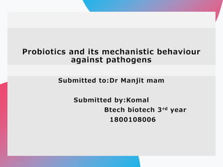 Probiotics and its mechanistic behaviour
against pathogens
Submitted to:Dr Manjit mam
Submitted by:Komal
Btech biotech 3rd year
1800108006
 