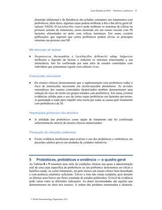 Guias Mundiais da WGO Probióticos e prebióticos 18
© World Gastroenterology Organisation, 2011
distensão abdominal e da flatulência são achados constantes nos tratamentos com
probióticos; além disso, algumas cepas podem melhorar a dor e dar alívio geral (B.
infantis 35624). O Lactobacillus reuteri pode melhorar os sintomas de cólicas na
primeira semana de tratamento, como mostrado em um ensaio recente com 90
lactentes alimentados no peito com cólicas intestinais. Em suma, existem
publicações que sugerem que certos probióticos podem aliviar os principais
sintomas nas pessoas com SII.
Má absorção da lactose
• Streptococcus thermophilus e Lactobacillus delbrueckii subsp. bulgaricus
melhoram a digestão da lactose e reduzem os sintomas relacionados a sua
intolerância. Isto foi confirmado por uma série de estudos controlados com
indivíduos que consumiam iogurte com culturas vivas.
Enterocolite necrosante
• Os ensaios clínicos demonstraram que a suplementação com probióticos reduz o
risco de enterocolite necrosante em recém-nascidos prematuros. As revisões
sistemáticas dos ensaios controlados aleatorizados também demonstraram uma
redução do risco de morte em grupos tratados com probióticos. Em suma, existem
evidências sólidas para o uso de certas cepas probióticas em lactentes pré-termo.
A quantidade a tratar para impedir uma morte por todas as causas pelo tratamento
com prebióticos é de 20.
Hepatopatia gordurosa não-alcoólica
• A utilidade dos probióticos como opção de tratamento não foi confirmada
suficientemente através de ensaios clínicos aleatorizados.
Prevenção de infecções sistêmicas
• Existe evidência insuficiente para avalizar o uso des probióticos e simbióticos em
pacientes adultos graves em unidades de cuidados intensivos.
5 Probióticos, prebióticos e evidência — o quadro geral
As Tabelas 8 e 9 resumem uma série de condições clínicas nas quais a administração
oral de uma cepa específica de probióticos ou um prebiótico demonstrou ser eficaz e
benéfica saúde, ou como tratamento, em pelo menos um ensaio clínico bem desenhado
e com potência estatística suficiente. Talvez a lista não esteja completa, pois durante
os últimos anos houve um fluxo constante de estudos publicados. O nível de evidência
pode variar entre as diferentes indicações. As doses recomendadas são aquelas que
demonstraram ser úteis nos ensaios. A ordem dos produtos enumerados é aleatoria.
 