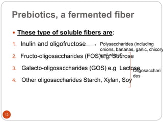 Prebiotics, a fermented fiber
13
 These type of soluble fibers are:
1. Inulin and oligofructose
2. Fructo-oligosaccharides (FOS)e.g. Sucrose
3. Galacto-oligosaccharides (GOS) e.g Lactose
4. Other oligosaccharides Starch, Xylan, Soy
Oligosacchari
des
Polysaccharides (including
onions, bananas, garlic, chicory
and wheat)
 
