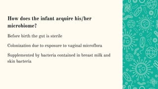 How does the infant acquire his/her
microbiome?
Before birth the gut is sterile
Colonization due to exposure to vaginal microflora
Supplemented by bacteria contained in breast milk and
skin bacteria
 