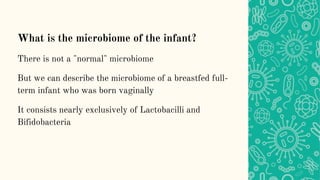 What is the microbiome of the infant?
There is not a "normal" microbiome
But we can describe the microbiome of a breastfed full-
term infant who was born vaginally
It consists nearly exclusively of Lactobacilli and
Bifidobacteria
 