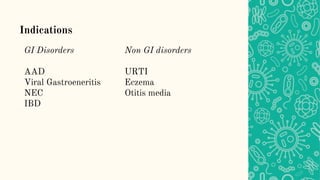 Indications
GI Disorders
AAD
Viral Gastroeneritis
NEC
IBD
Non GI disorders
URTI
Eczema
Otitis media
 