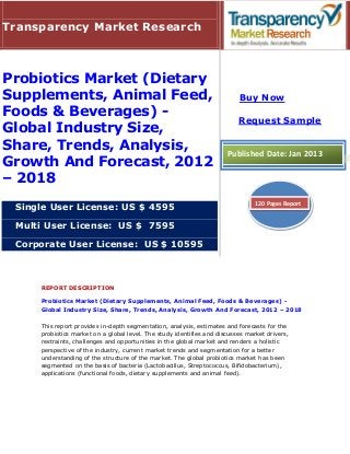 Transparency Market Research



Probiotics Market (Dietary
Supplements, Animal Feed,                                                 Buy Now
Foods & Beverages) -
                                                                          Request Sample
Global Industry Size,
Share, Trends, Analysis,                                              Published Date: Jan 2013
Growth And Forecast, 2012
– 2018
                                                                                120 Pages Report
 Single User License: US $ 4595

 Multi User License: US $ 7595

 Corporate User License: US $ 10595



     REPORT DESCRIPTION

     Probiotics Market (Dietary Supplements, Animal Feed, Foods & Beverages) -
     Global Industry Size, Share, Trends, Analysis, Growth And Forecast, 2012 – 2018

     This report provides in-depth segmentation, analysis, estimates and forecasts for the
     probiotics market on a global level. The study identifies and discusses market drivers,
     restraints, challenges and opportunities in the global market and renders a holistic
     perspective of the industry, current market trends and segmentation for a better
     understanding of the structure of the market. The global probiotics market has been
     segmented on the basis of bacteria (Lactobacillus, Streptococcus, Bifidobacterium),
     applications (functional foods, dietary supplements and animal feed).
 