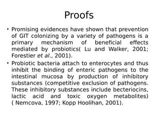 Proofs
• Promising evidences have shown that prevention
of GIT colonizing by a variety of pathogens is a
primary mechanism of beneficial effects
mediated by probiotics( Lu and Walker, 2001;
Forestier et al., 2001).
• Probiotic bacteria attach to enterocytes and thus
inhibit the binding of enteric pathogens to the
intestinal mucosa by production of inhibitory
substances (competitive exclusion of pathogens.
These inhibitory substances include becteriocins,
lactic acid and toxic oxygen metabolites)
( Nemcova, 1997; Kopp Hoolihan, 2001).
 