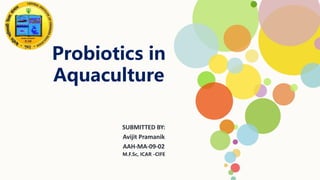 Probiotics in
Aquaculture
SUBMITTED BY:
Avijit Pramanik
AAH-MA-09-02
M.F.Sc, ICAR -CIFE
 