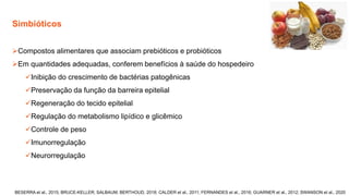 Simbióticos
BESERRA et al., 2015; BRUCE-KELLER; SALBAUM; BERTHOUD, 2018; CALDER et al., 2011; FERNANDES et al., 2016; GUARNER et al., 2012; SWANSON et al., 2020
➢Compostos alimentares que associam prebióticos e probióticos
➢Em quantidades adequadas, conferem benefícios à saúde do hospedeiro
✓Inibição do crescimento de bactérias patogênicas
✓Preservação da função da barreira epitelial
✓Regeneração do tecido epitelial
✓Regulação do metabolismo lipídico e glicêmico
✓Controle de peso
✓Imunorregulação
✓Neurorregulação
 