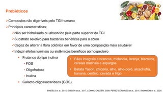 Prebióticos
➢Compostos não digeríveis pelo TGI humano
➢Principais características:
✓Não ser hidrolisado ou absorvido pela parte superior do TGI
✓Substrato seletivo para bactérias benéficas para o cólon
✓Capaz de alterar a flora colônica em favor de uma composição mais saudável
✓Induzir efeitos luminais ou sistêmicos benéficos ao hospedeiro
▪ Frutanos do tipo inulina
• FOS
• Oligofrutose
• Inulina
▪ Galacto-oligossacarídeos (GOS)
BINDELS et al., 2015; GIBSON et al., 2017; LOMAX; CALDER, 2009; PEREZ-CORNAGO et al., 2015; SWANSON et al., 2020
▪ Pães integrais e brancos, melancia, laranja, biscoitos,
cereais matinais e aspargos
▪ Batata Yacon, chicória, alho, alho-poró, alcachofra,
banana, centeio, cevada e trigo
 