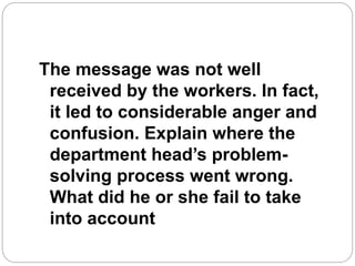 The message was not well 
received by the workers. In fact, 
it led to considerable anger and 
confusion. Explain where the 
department head’s problem-solving 
process went wrong. 
What did he or she fail to take 
into account 
