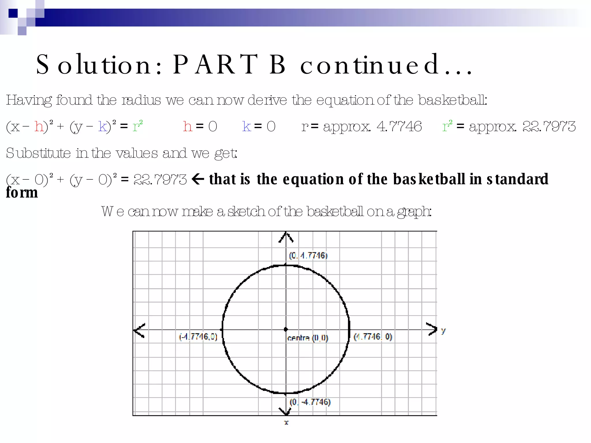 Solution: PART B continued… Having found the radius we can now derive the equation of the basketball: (x –  h )² + (y –  k )²  =  r² h   =  0 k   =  0 r  =  approx. 4.7746  r²   =  approx. 22.7973 Substitute in the values and we get: (x – 0)² + (y – 0)²  =  22.7973    that is the equation of the basketball in standard form We can now make a sketch of the basketball on a graph: 