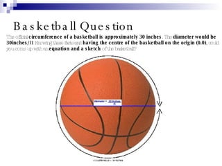 Basketball Question The official  circumference of a basketball is approximately 30 inches . The  diameter would be 30inches/Π . Knowing these facts and  having the centre of the basketball on the origin (0.0) , could you come up with an  equation and a sketch  of the basketball? 