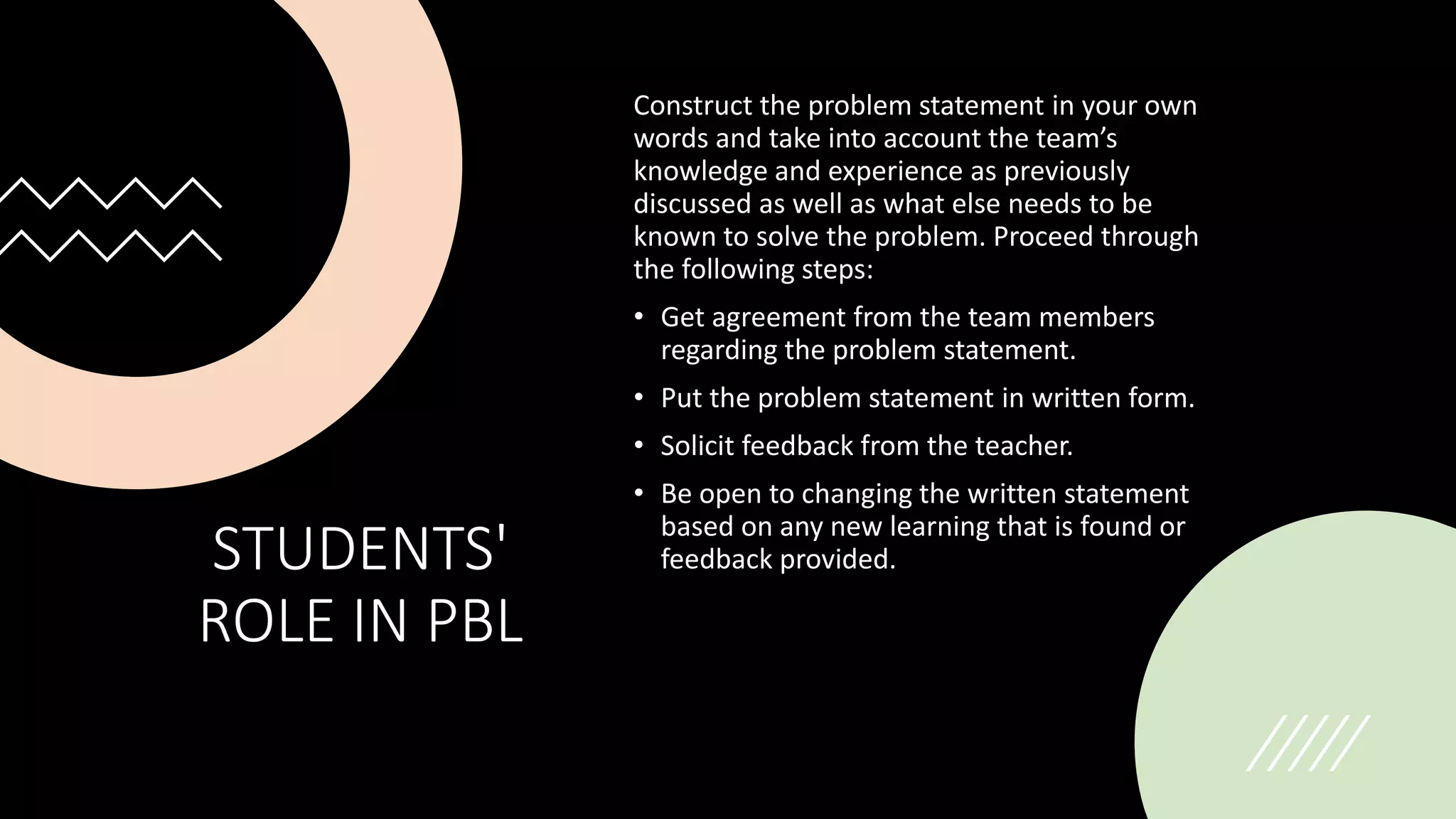 STUDENTS'
ROLE IN PBL
Construct the problem statement in your own
words and take into account the team’s
knowledge and experience as previously
discussed as well as what else needs to be
known to solve the problem. Proceed through
the following steps:
• Get agreement from the team members
regarding the problem statement.
• Put the problem statement in written form.
• Solicit feedback from the teacher.
• Be open to changing the written statement
based on any new learning that is found or
feedback provided.
 